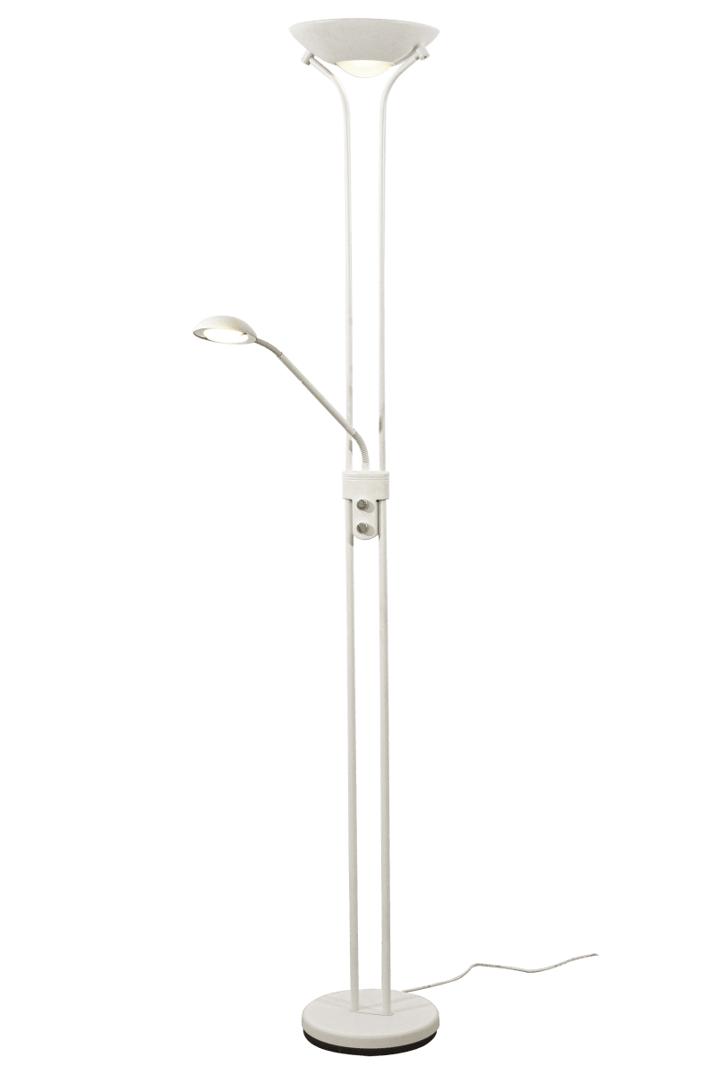 Nice Wit vloerlamp Van Aneta Lighting - Zowel de uplight van 1600 lumen als de leesarm van 400 lumen zijn dimbaar met aparte knoppen.