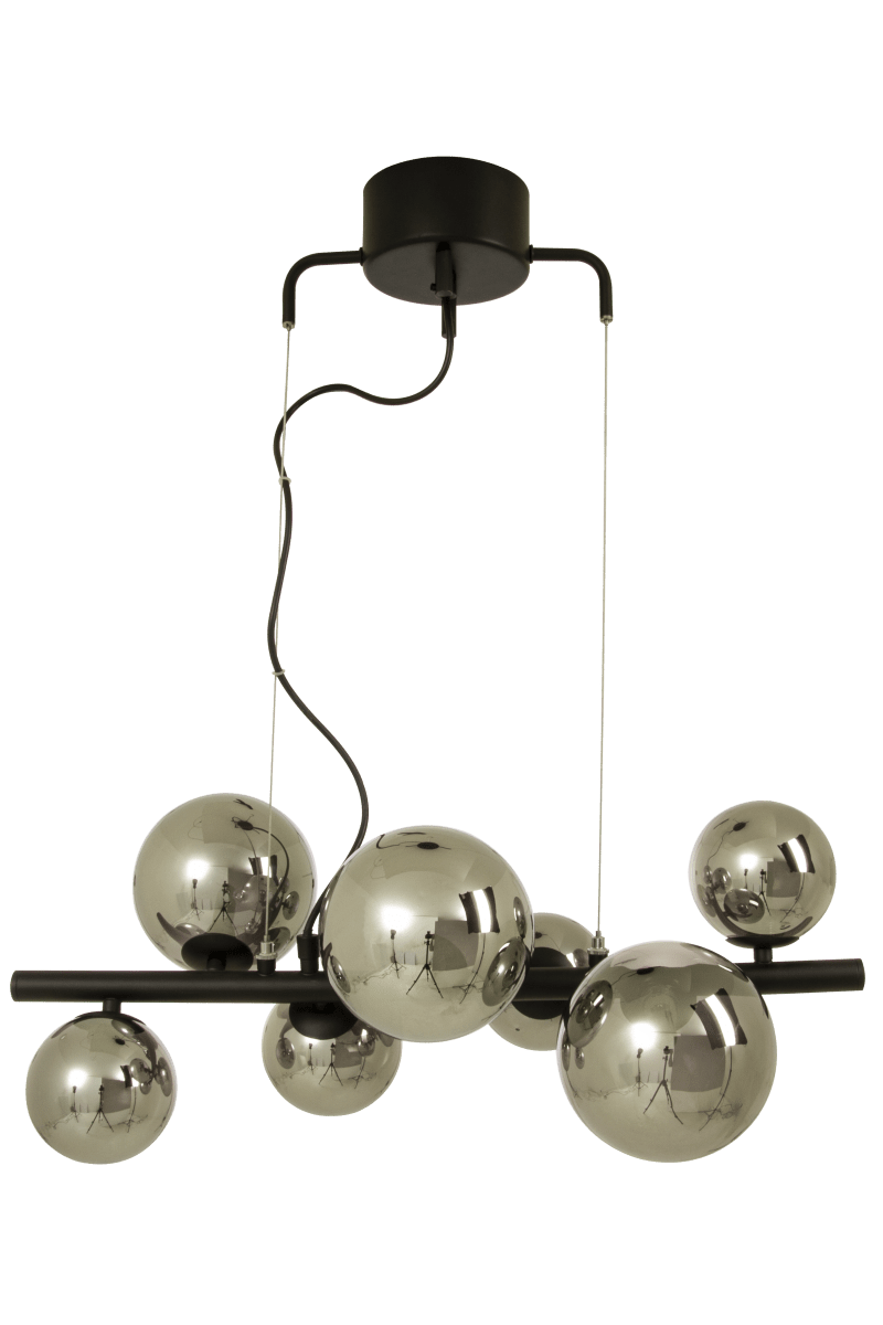 Molekyl 58cm Rookgrijs hanglamp Van Aneta Lighting - MOLEKYL moderne stijlvolle plafondlamp in zwart gelakt metaal met 7 rookglazen kappen in twee kleuren.