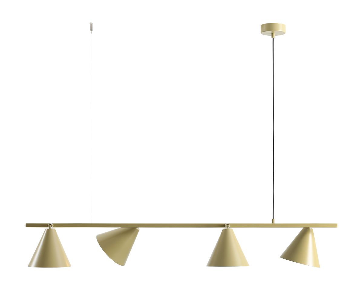 Form 120cm Pistache hanglamp Van Artera - De langwerpige vorm wordt gecombineerd met vier kegelvormige kappen in een zachte pistachegroene kleur, wat de lamp een moderne en decoratieve uitstraling geeft.