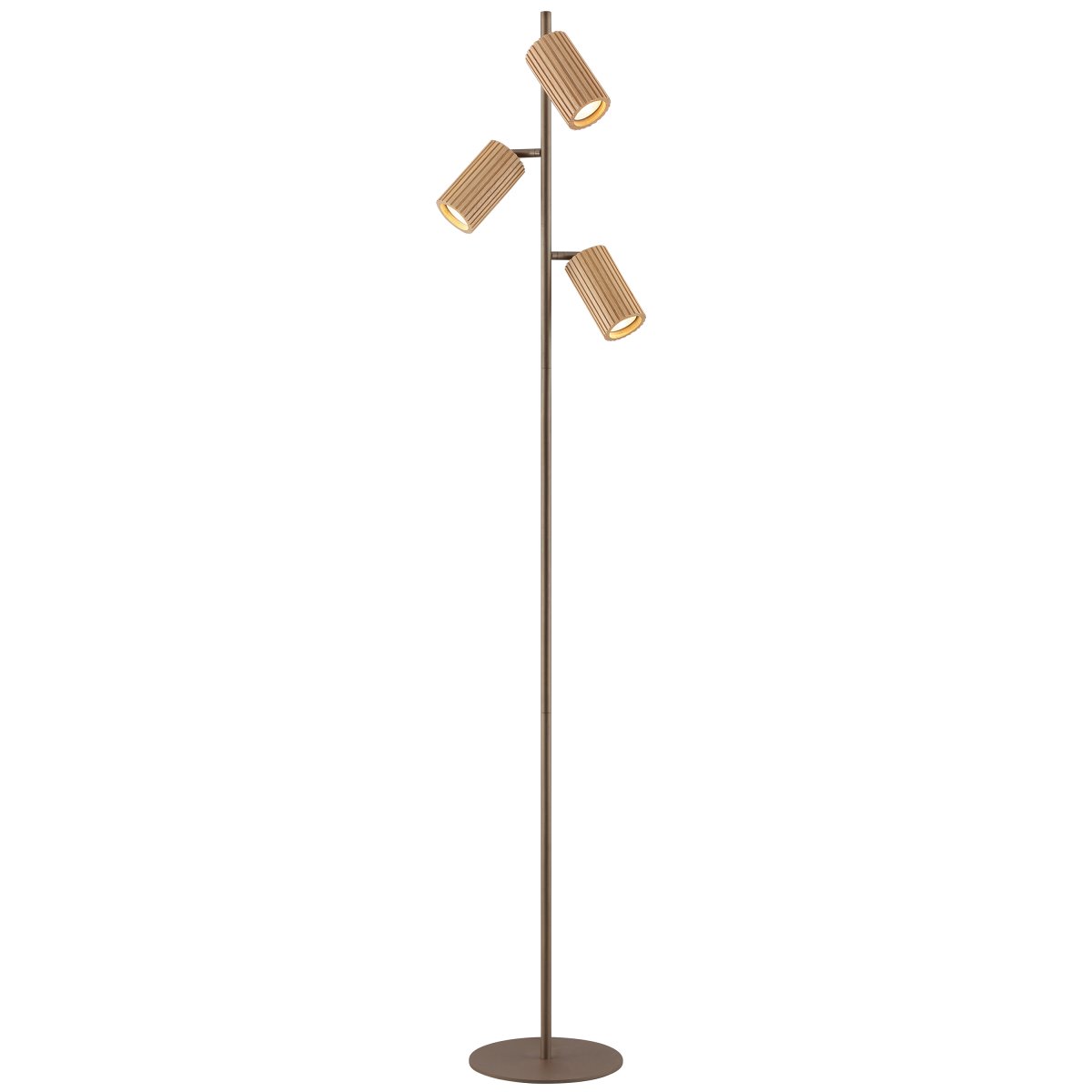 Lakewood Bruin vloerlamp Van Brilliant - Het metalen frame met gaasstructuur en de ronde voet geven een luchtige indruk, terwijl de houten details een natuurlijke uitstraling toevoegen.