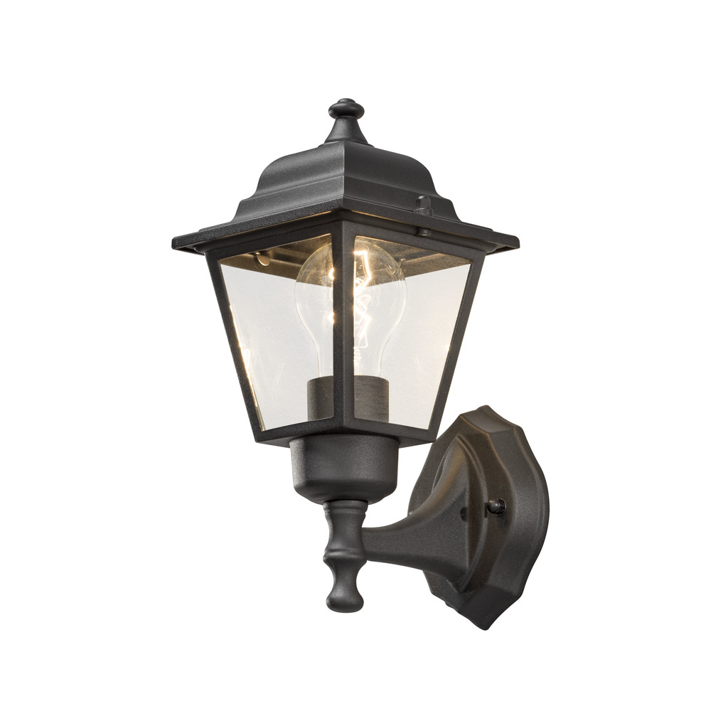 Vägglykta Zwart buitenlamp Van Konstsmide - Dankzij het lantaarnvormige ontwerp en de heldere glaspanelen verspreidt de lamp een warm en uitnodigend licht dat perfect is voor entrees, terrassen en looppaden.