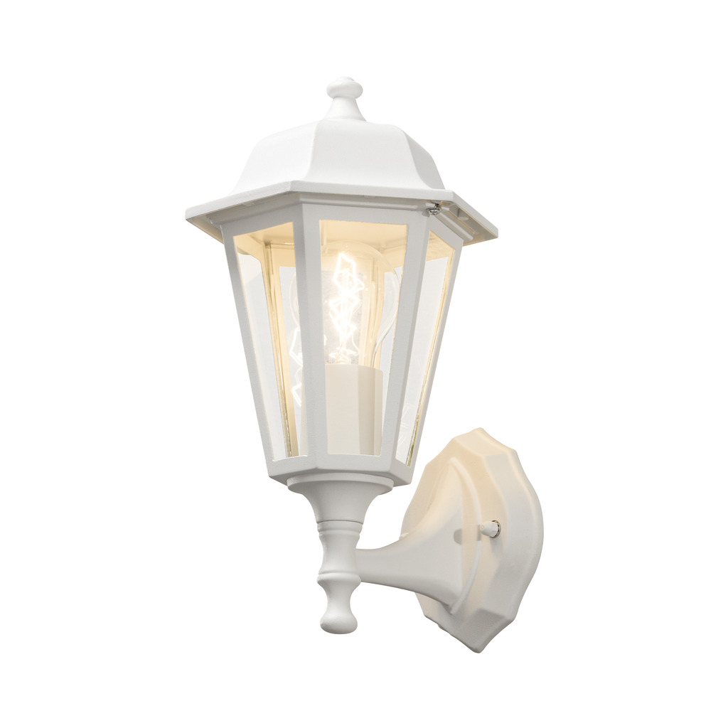 Vägglykta Wit buitenlamp Van Konstsmide - Dankzij het lantaarnvormige ontwerp en de heldere glaspanelen verspreidt de lamp een warm en uitnodigend licht dat perfect is voor entrees, terrassen en looppaden.