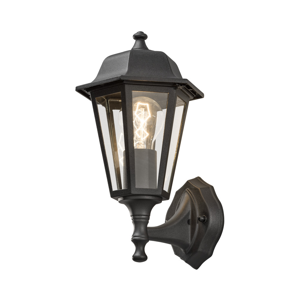Vägglykta Zwart buitenlamp Van Konstsmide - Dankzij het lantaarnvormige ontwerp en de heldere glaspanelen verspreidt de lamp een warm en uitnodigend licht dat perfect is voor entrees, terrassen en looppaden.