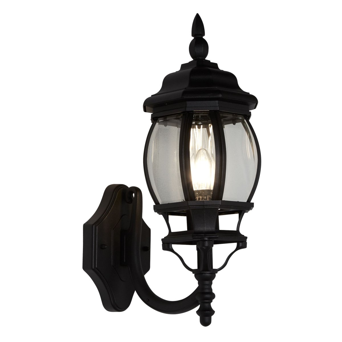 Bel Aire Zwart buitenlamp Van Searchlight - Geïnspireerd op traditionele lantaarns combineert deze lamp een robuuste constructie met stijlvolle details en helder glas, wat zorgt voor een warm en uitnodigend licht.