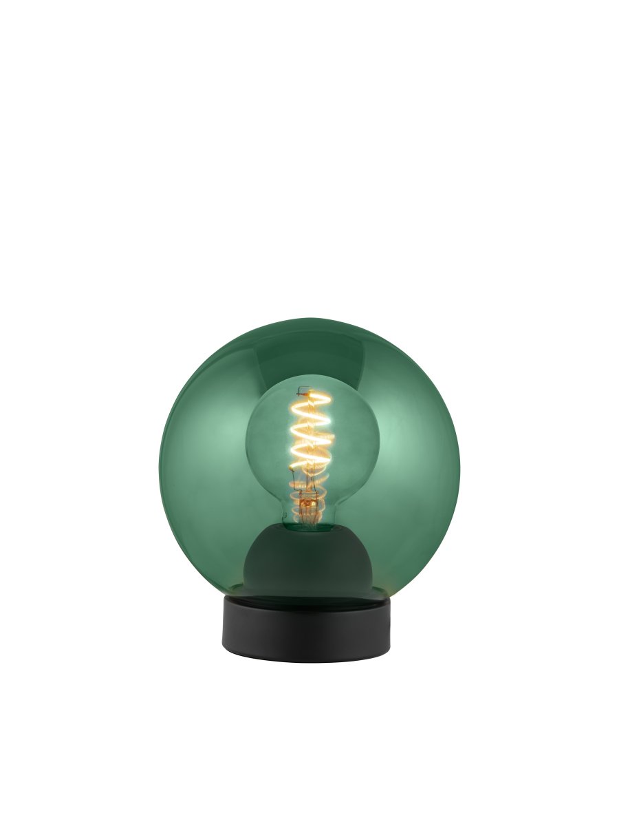 Bubbles 20cm Groente tafellamp Van Halo Design - Het groene glas in combinatie met de matzwarte metalen details voegt elegantie toe en zorgt voor een mooie lichtspreiding in de kamer wanneer de lamp aan staat.