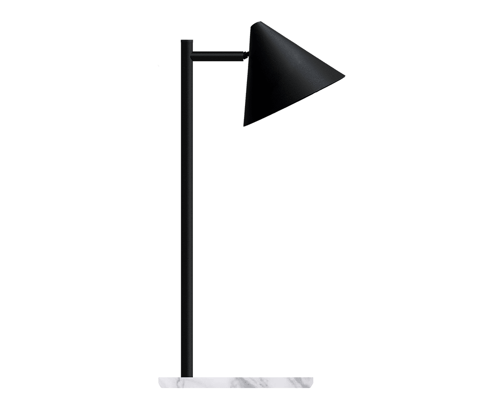 Tratt Micro 57cm Zwart/marmer tafellamp Van Westal - Funnel is een moderne tafellamp van roestvrij staal met een zwarte poedercoating en een voet van wit marmer.