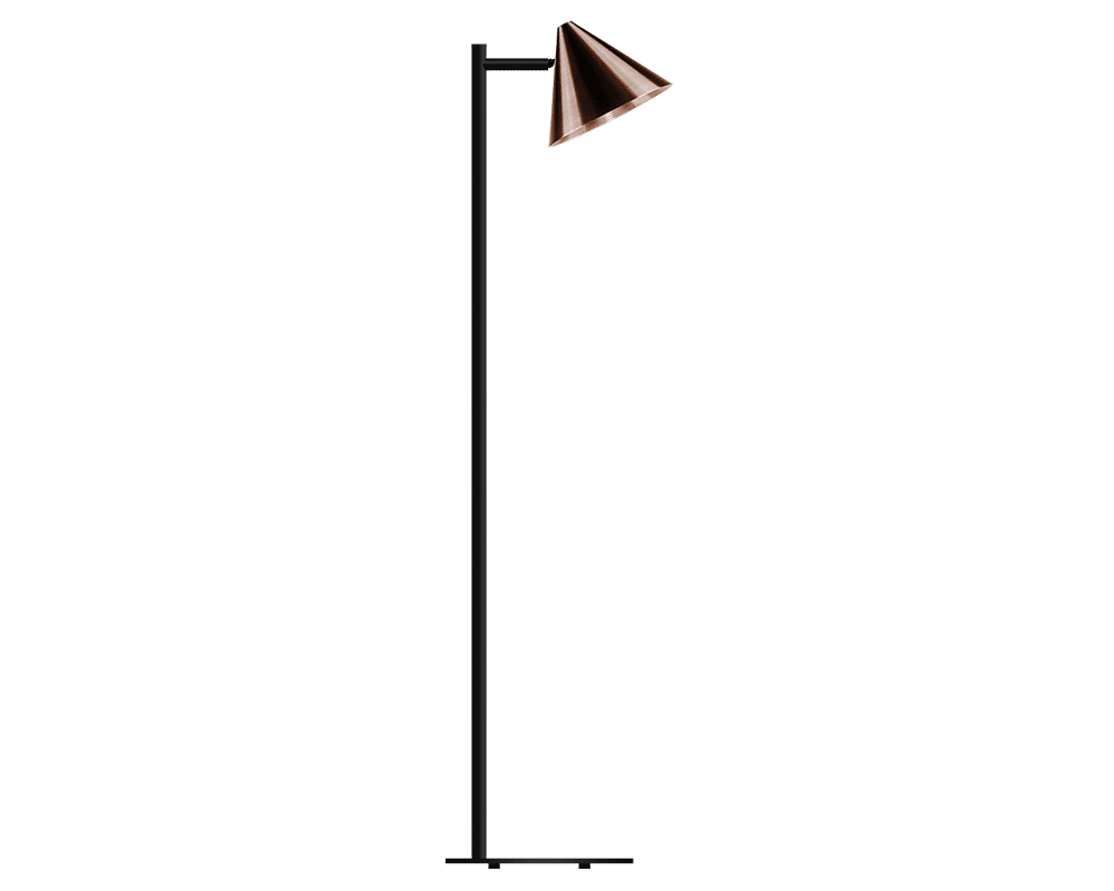 Tratt Micro Donker geoxideerd koper vloerlamp Van Westal - Wordt geleverd met een snoer van 2 meter, een snoerdimmer met geheugenfunctie en een stekker.
