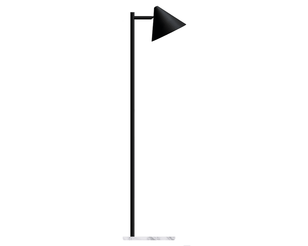 Tratt Micro Zwart/marmer vloerlamp Van Westal - Funnel is een moderne vloerlamp van roestvrij staal met een zwarte poedercoating en een voet van wit marmer.
