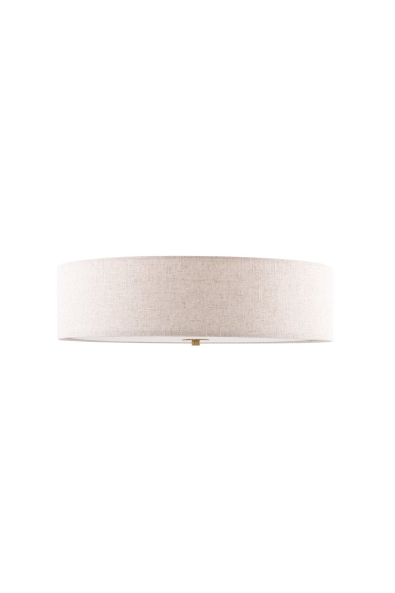 Noah Ø50 Beige plafondlamp Van Globen Lighting - De lamp is voorzien van een detail in gepolijst messing, de stof heeft een levendig patroon en een witte antiverblindingsplaat aan de onderkant voor een aangenaam licht.