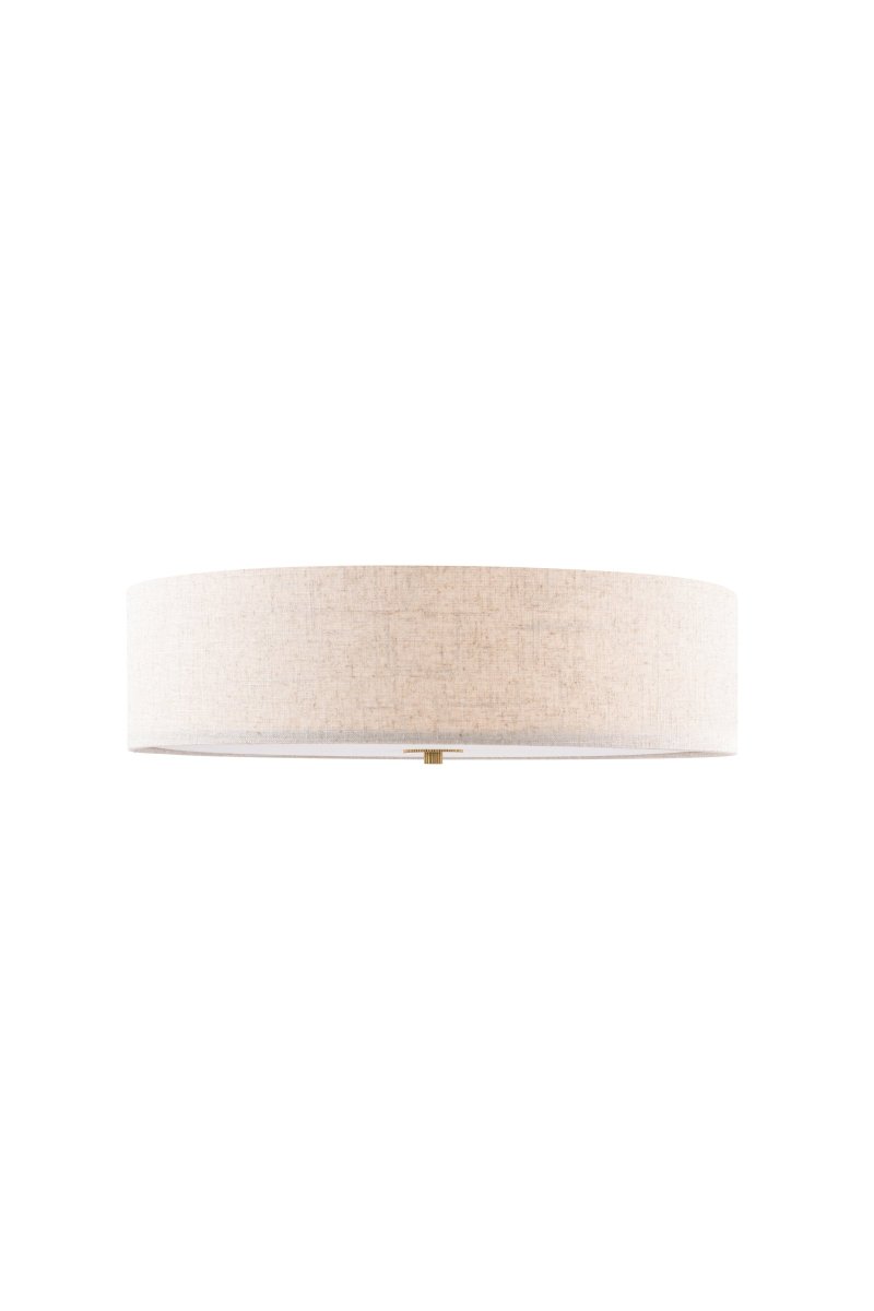 Noah Ø50 Beige plafondlamp Van Globen Lighting - De lamp is voorzien van een detail in gepolijst messing, de stof heeft een levendig patroon en een witte antiverblindingsplaat aan de onderkant voor een aangenaam licht.