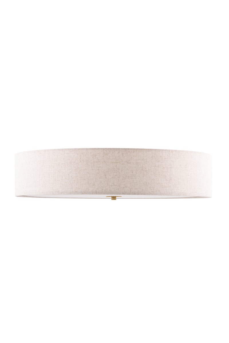 Noah Ø65 Beige plafondlamp Van Globen Lighting - De lamp is afgewerkt met een detail van gepolijst messing, de stof heeft een levendig patroon en een witte anti-verblindingsrand aan de onderkant voor een aangenaam licht.