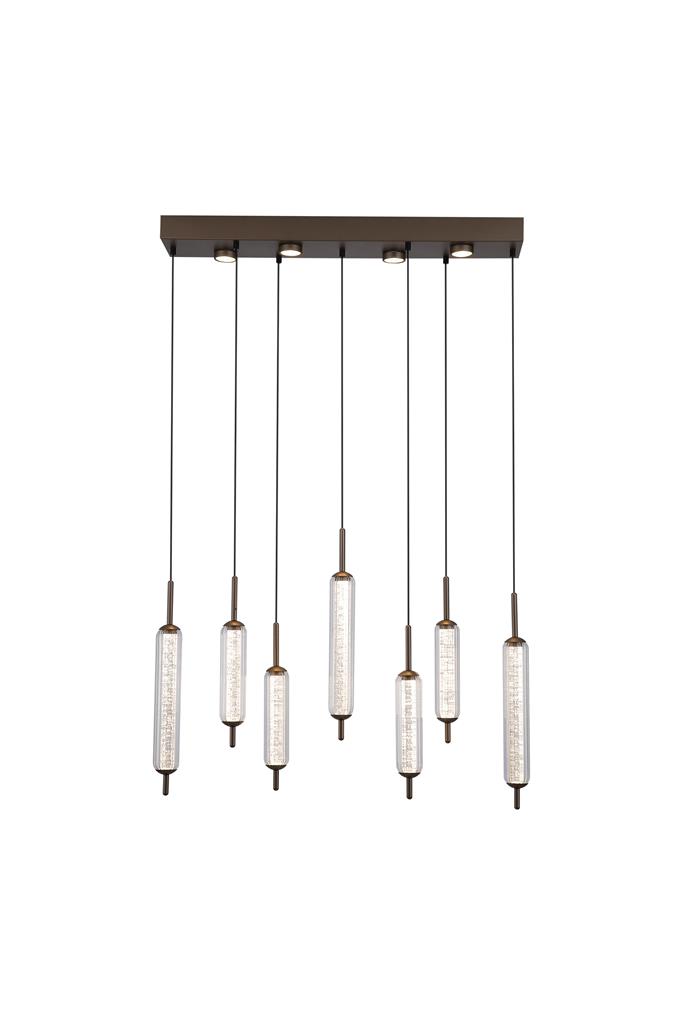 Cattail 85cm Bruin hanglamp Van Searchlight - De lamp heeft zeven geribbelde, cilindrische kappen van helder glas die elegant hangen aan een langwerpige plafondplaat in een bruine tint, ge&iuml;nspireerd op de zachte vormen van riet.