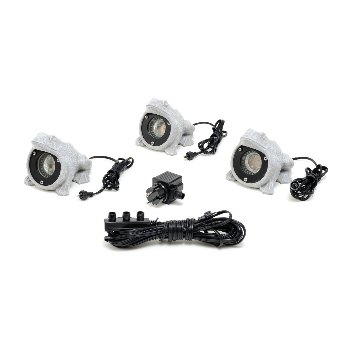 Amalfi Kikkers Grijs Van Konstsmide - De set bestaat uit drie decoratieve kikkers met ge&iuml;ntegreerde ledverlichting die een zachte, warmwitte gloed uitstraalt, perfect voor het cre&euml;ren van een gezellige sfeer in de tuin, bij de vijver of op het terras.