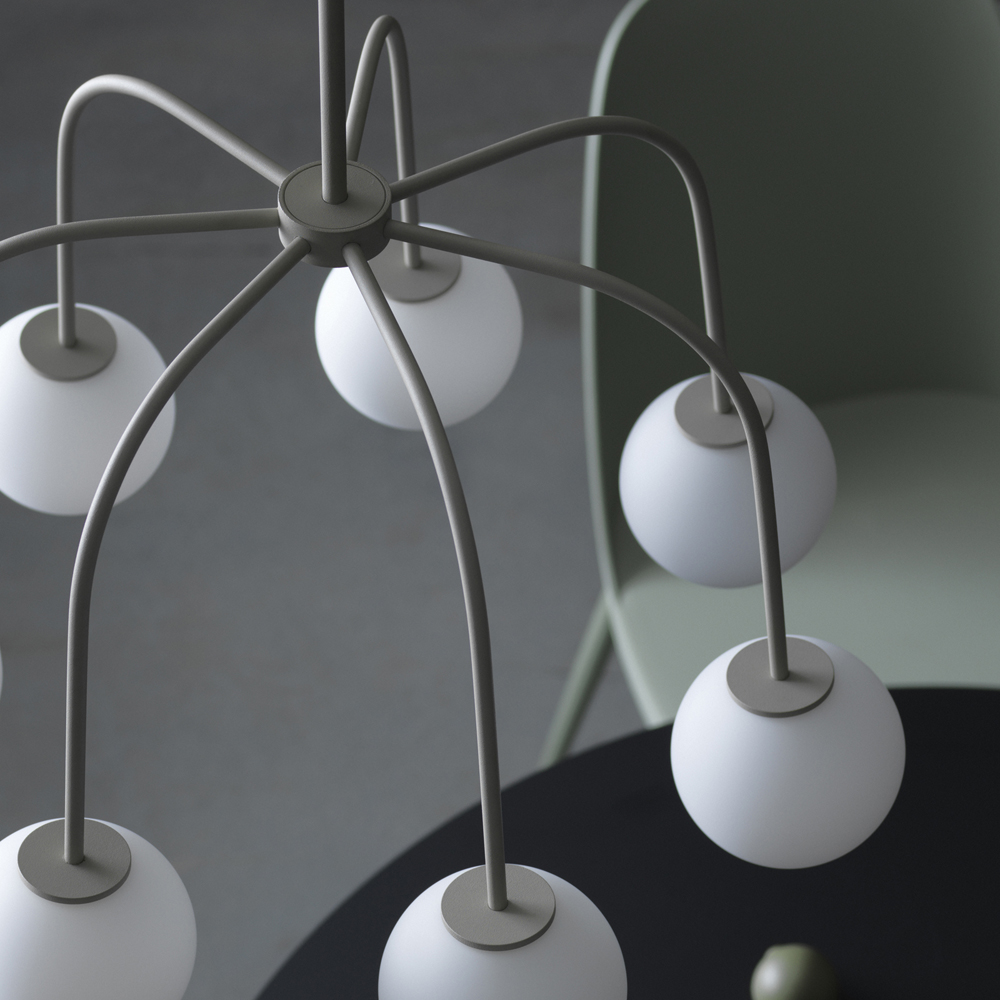 Waterfall Ø50 Beige hanglamp Van CO Bankeryd - Waterfall is een stijlvolle plafondlamp die met zijn smalle metalen buizen en ronde opaalglas een expressief contrast creëert.