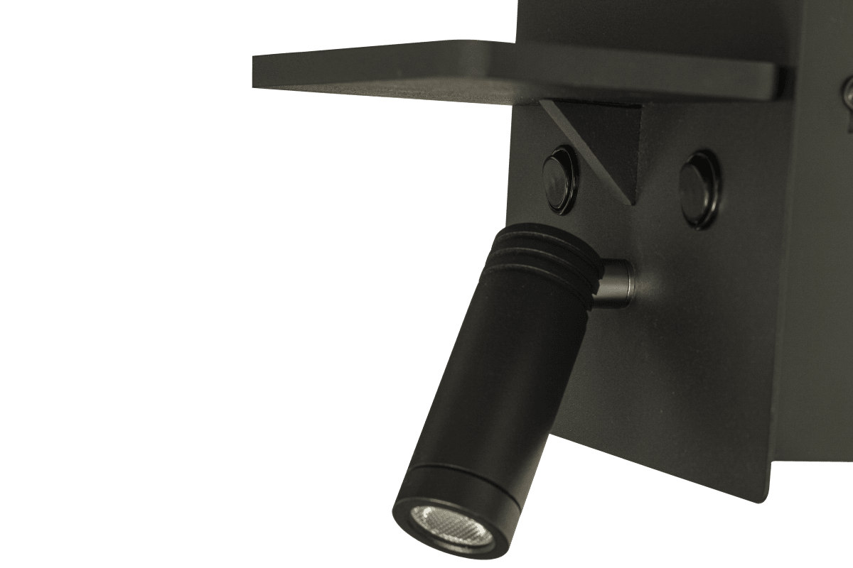 Astor Zwart leeslamp Van Aneta Lighting - Astor beschikt bovendien over een praktisch plankje met een draadloze oplader voor uw mobiele telefoon en aan de voorzijde bevinden zich twee USB-aansluitingen (USB A en C).