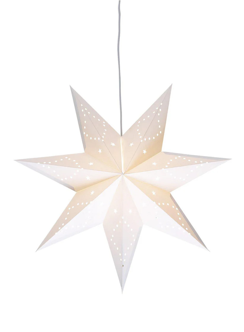 Saturnus Ø45 Wit Van Markslöjd - Saturn Star White 45 cm is een prachtige hangende kerstster van wit karton met een decoratief kralenpatroon dat sfeervol licht geeft.