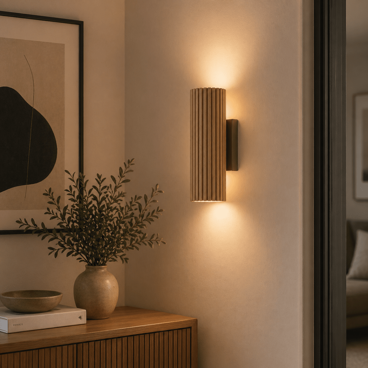 Lakewood 20cm Bruin wandlamp Van Brilliant - Het langwerpige ontwerp verspreidt het licht zowel naar boven als naar beneden langs de muur en creëert een decoratief lichteffect in de ruimte.