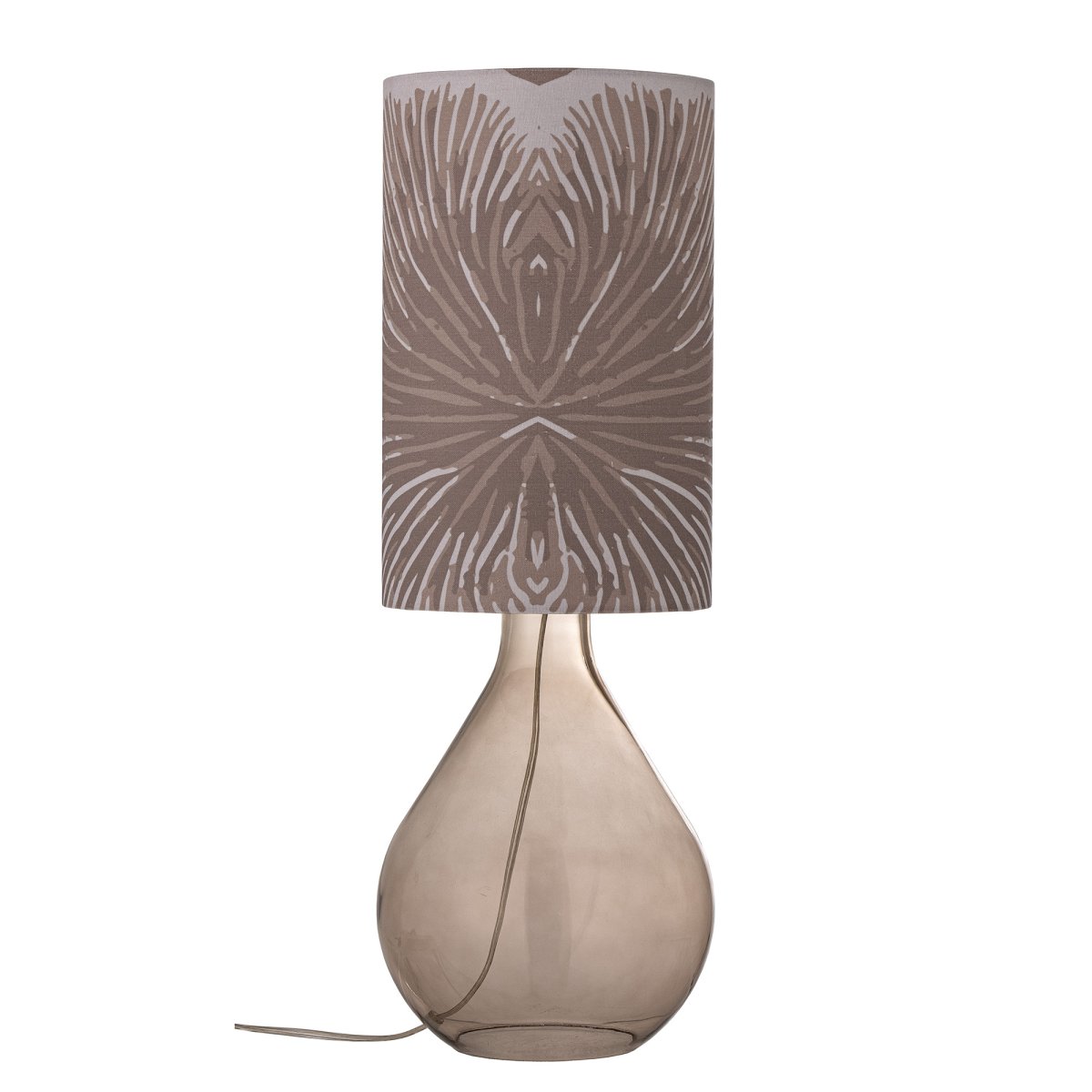 Leni 65cm Paars tafellamp Van Bloomingville - De organisch gevormde lampenvoet van bruin glas geeft een luchtige en elegante indruk, terwijl de cilindrische lampenkap met een paarse tint versierd is met een wit bloemenpatroon dat charme en persoonlijkheid toevoegt.