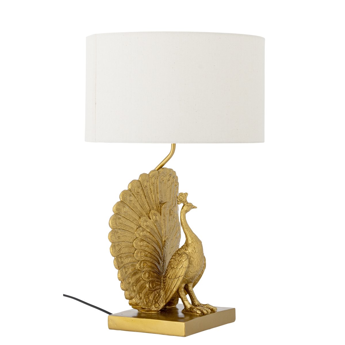 Peacock 58cm Goud tafellamp Van Bloomingville - De Peacock tafellamp is een decoratieve en expressieve lamp met een sculpturale voet in de vorm van een pauw, gemaakt van polyresin met een elegante goudkleurige afwerking.