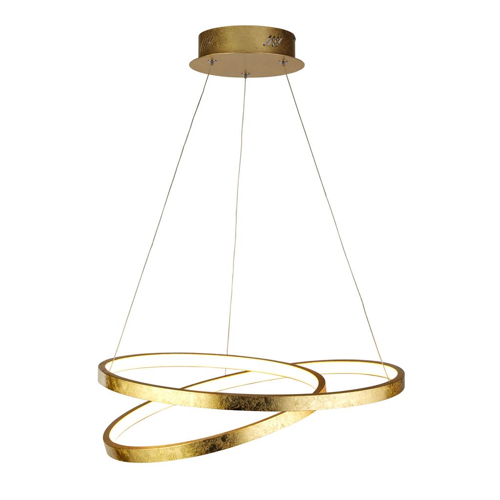 Float Ø47 Goud hanglamp Van Searchlight - Hij is afgewerkt met een prachtige bladgouden afwerking en wordt gecompleteerd door een witte ledstrip van PC-kunststof, opgehangen aan een bijpassende plafondbeugel van goudkleurig metaal.