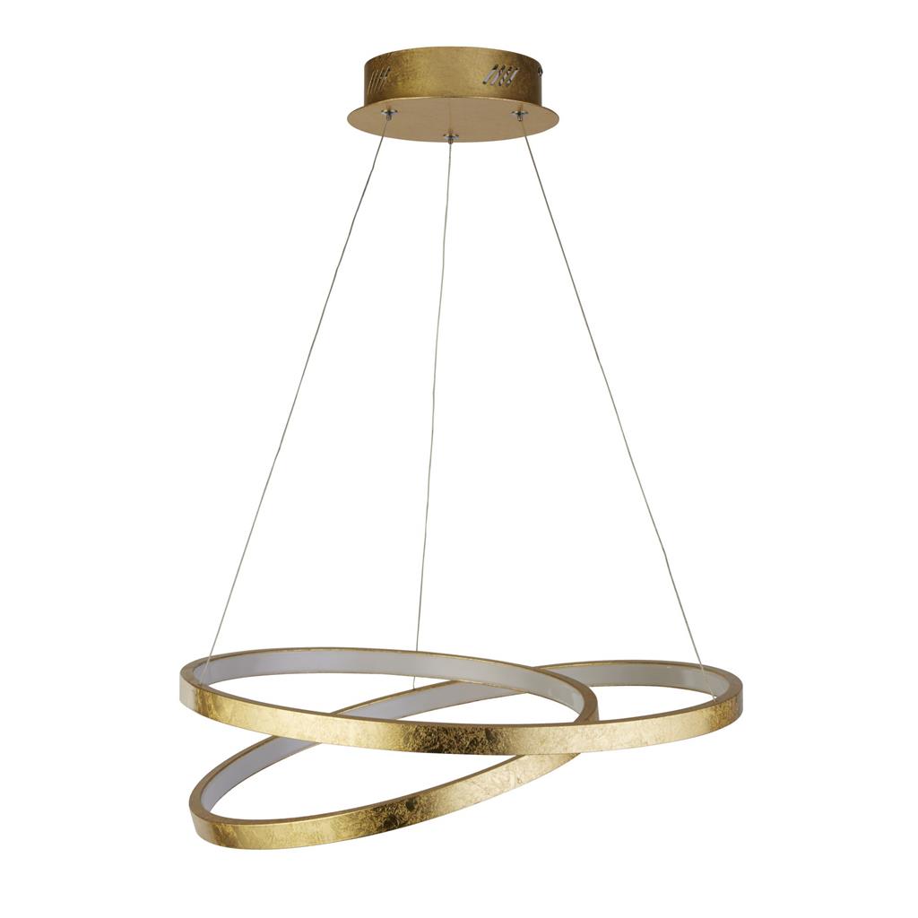 Float Ø47 Goud hanglamp Van Searchlight - Hij is afgewerkt met een prachtige bladgouden afwerking en wordt gecompleteerd door een witte ledstrip van PC-kunststof, opgehangen aan een bijpassende plafondbeugel van goudkleurig metaal.