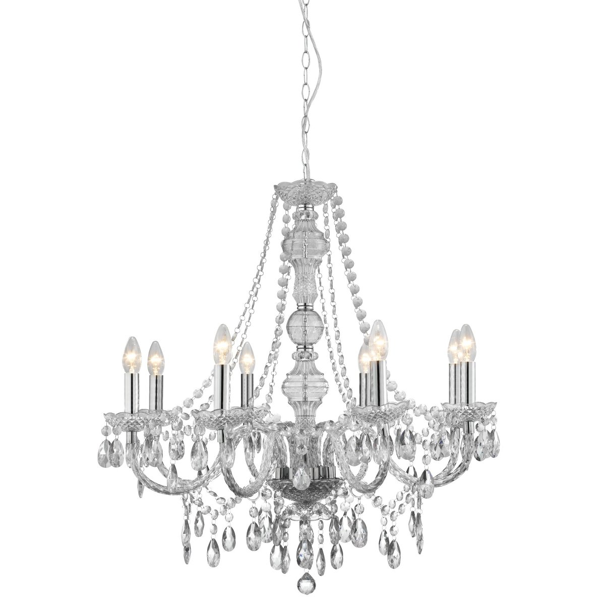 Marie Therese Ø74 Duidelijk hanglamp Van Searchlight - Het traditionele ontwerp met een moderne twist is luxueus versierd met heldere glazen druppels en kralen en heeft gebogen armen en glazen details die een glamoureus middelpunt vormen in elk interieur.