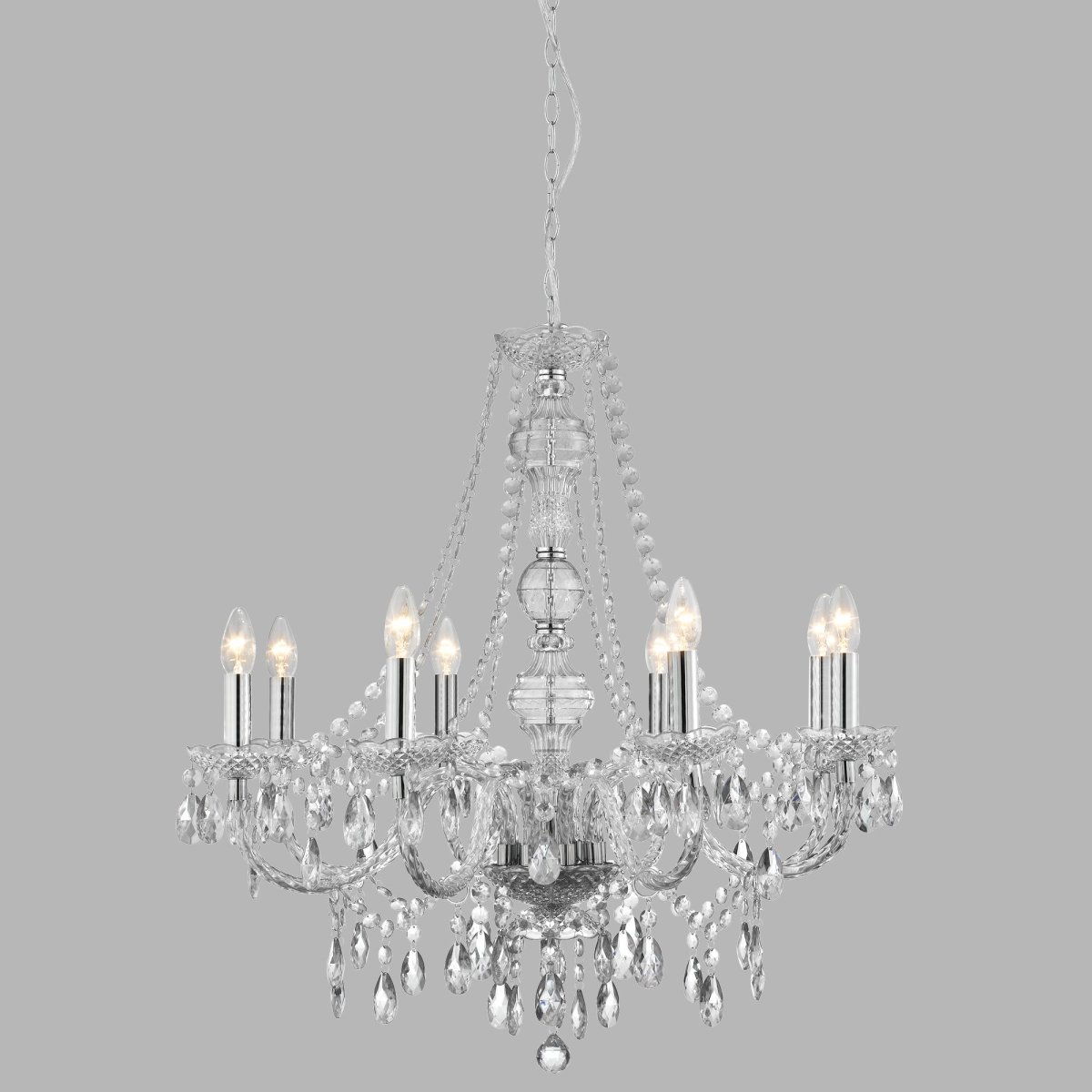 Marie Therese Ø74 Duidelijk hanglamp Van Searchlight - Het traditionele ontwerp met een moderne twist is luxueus versierd met heldere glazen druppels en kralen en heeft gebogen armen en glazen details die een glamoureus middelpunt vormen in elk interieur.