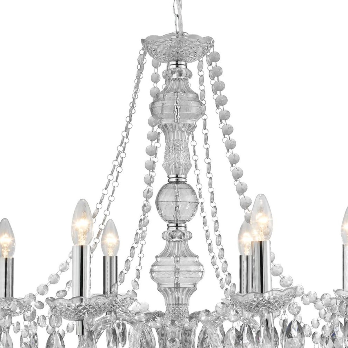 Marie Therese Ø74 Duidelijk hanglamp Van Searchlight - Het traditionele ontwerp met een moderne twist is luxueus versierd met heldere glazen druppels en kralen en heeft gebogen armen en glazen details die een glamoureus middelpunt vormen in elk interieur.