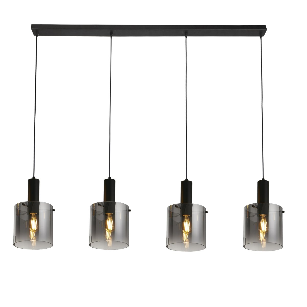 Sweden 142cm Zwart hanglamp Van Searchlight - Sweden is een stijlvolle plafondlamp met vier cilindrische koepels van zwart, licht getint glas, die een verfijnd en sfeervol licht verspreidt.