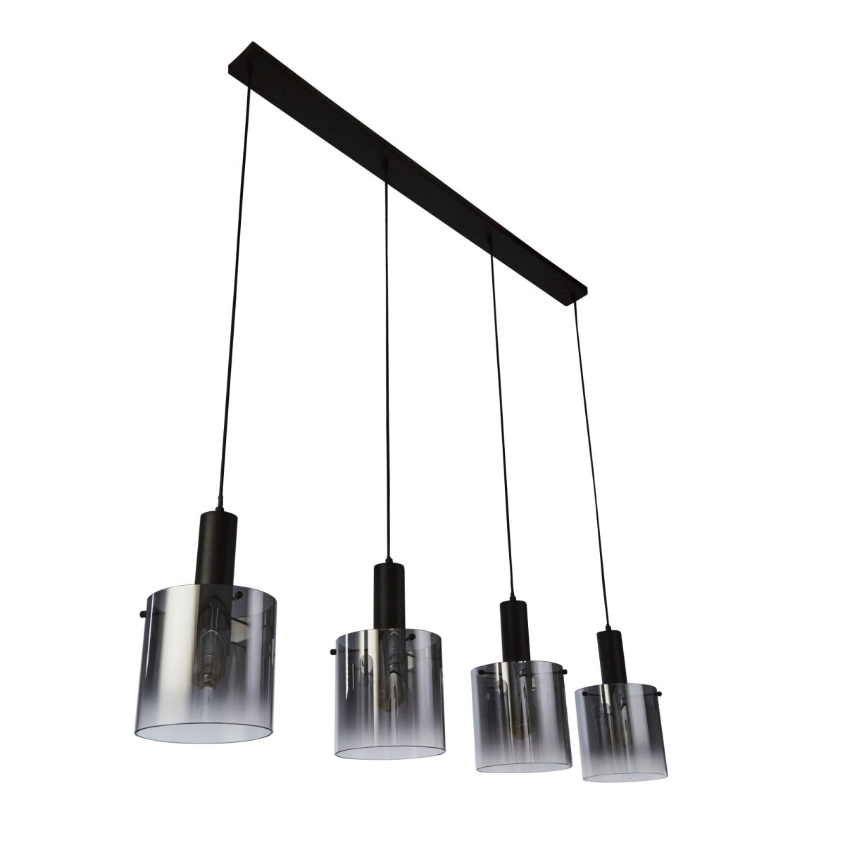 Sweden 142cm Zwart hanglamp Van Searchlight - Sweden is een stijlvolle plafondlamp met vier cilindrische koepels van zwart, licht getint glas, die een verfijnd en sfeervol licht verspreidt.