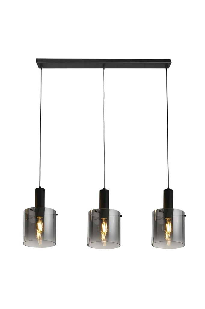 Sweden 100cm Zwart hanglamp Van Searchlight - Sweden is een stijlvolle plafondlamp met drie cilindrische koepels van zwart, licht getint glas, die een verfijnd en sfeervol licht verspreidt.