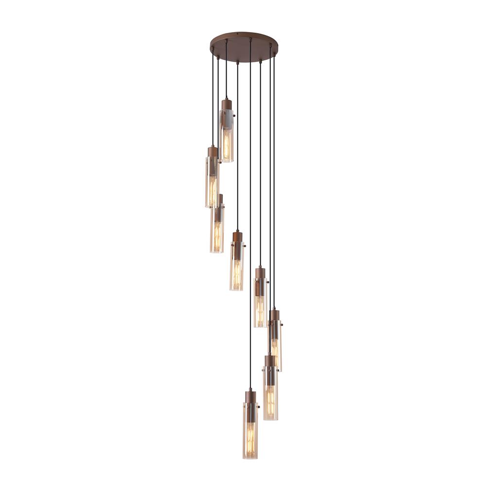 Sweden Ø42 Bruin hanglamp Van Searchlight - De langwerpige amberkleurige glazen kappen zorgen voor een zacht licht en een elegante uitstraling, terwijl het mokkakleurige metalen frame een verfijnde en moderne look cre&euml;ert.