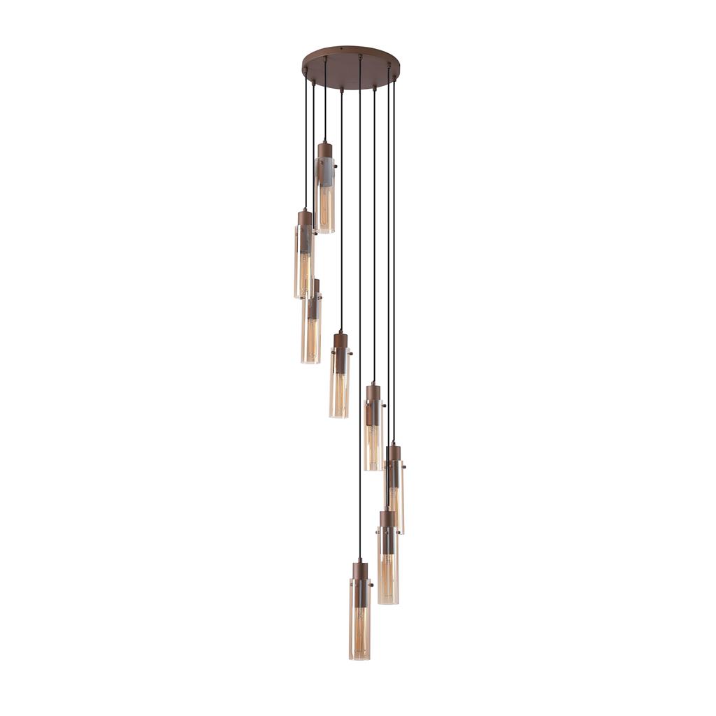 Sweden Ø42 Bruin hanglamp Van Searchlight - De langwerpige amberkleurige glazen kappen zorgen voor een zacht licht en een elegante uitstraling, terwijl het mokkakleurige metalen frame een verfijnde en moderne look cre&euml;ert.