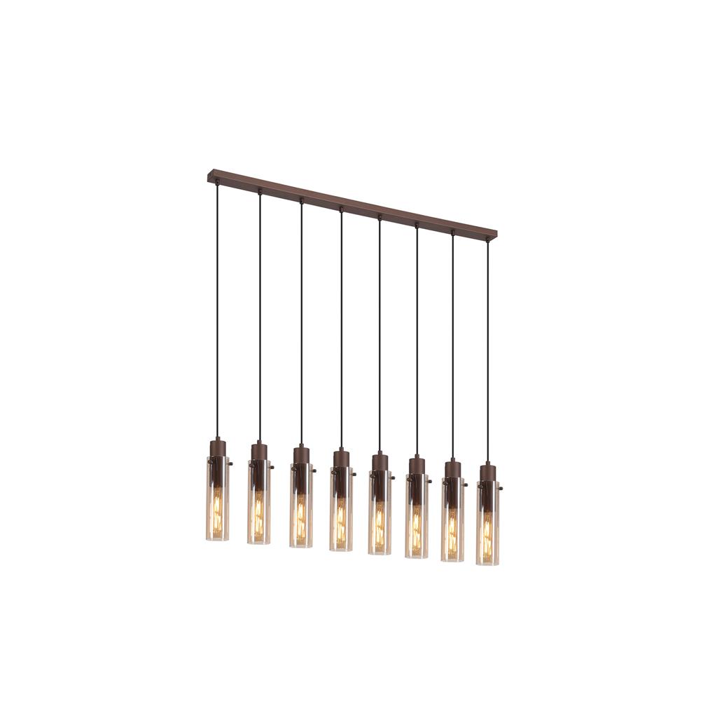 Sweden 110cm Bruin hanglamp Van Searchlight - De langwerpige amberkleurige glazen kappen zorgen voor een zacht licht en een elegante uitstraling, terwijl het mokkakleurige metalen frame een verfijnde en moderne look creëert.