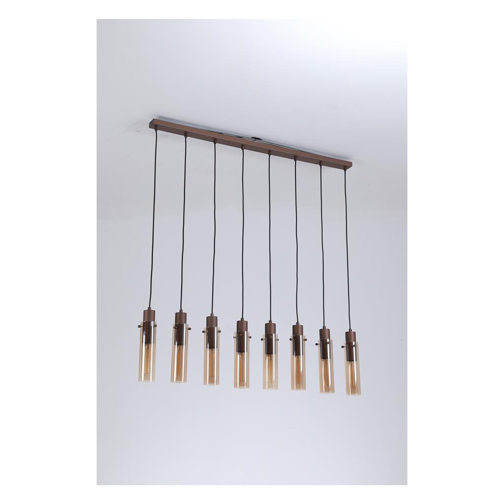 Sweden 110cm Bruin hanglamp Van Searchlight - De langwerpige amberkleurige glazen kappen zorgen voor een zacht licht en een elegante uitstraling, terwijl het mokkakleurige metalen frame een verfijnde en moderne look creëert.