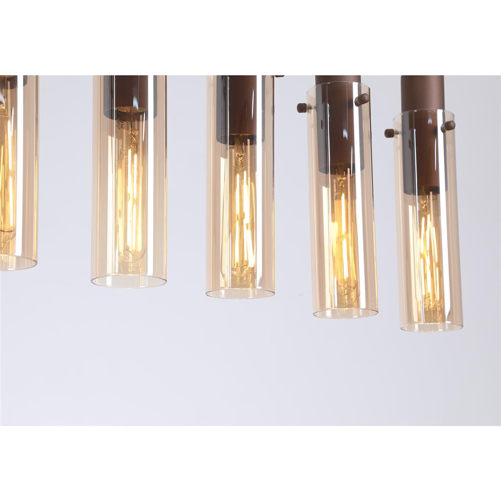 Sweden 110cm Bruin hanglamp Van Searchlight - De langwerpige amberkleurige glazen kappen zorgen voor een zacht licht en een elegante uitstraling, terwijl het mokkakleurige metalen frame een verfijnde en moderne look creëert.
