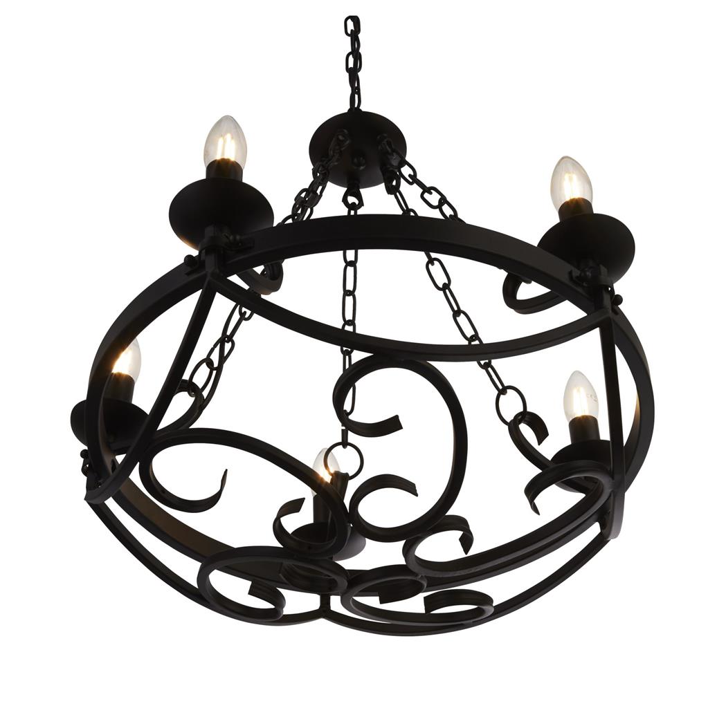 Cartwheel Ø54 Zwart hanglamp Van Searchlight - Cartwheel is een rustieke kroonluchter met vijf kaarsenhouders in een klassieke kandelaarstijl in matzwart voor een moderne uitstraling.