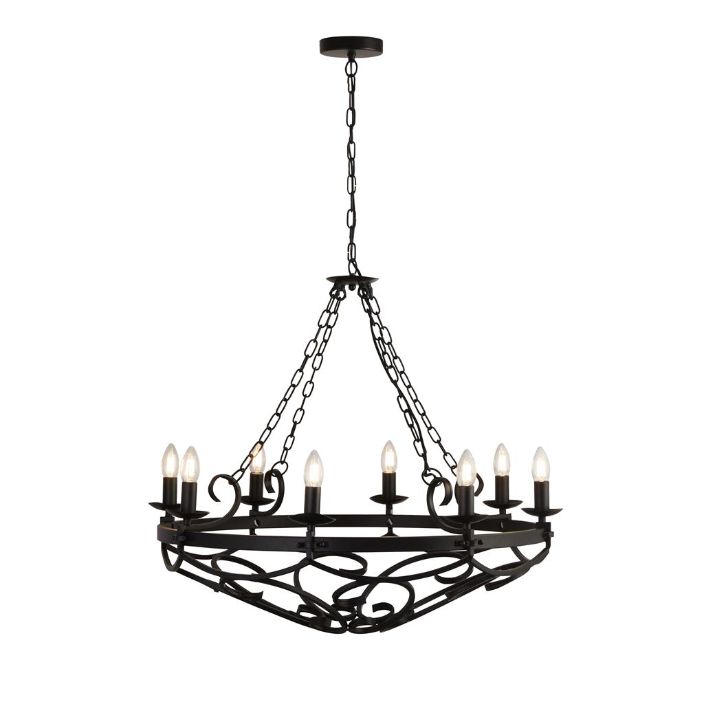 Cartwheel Ø80 Zwart hanglamp Van Searchlight - Cartwheel is een rustieke kroonluchter met acht kaarsenhouders in een klassieke kandelaarstijl in matzwart voor een moderne uitstraling.