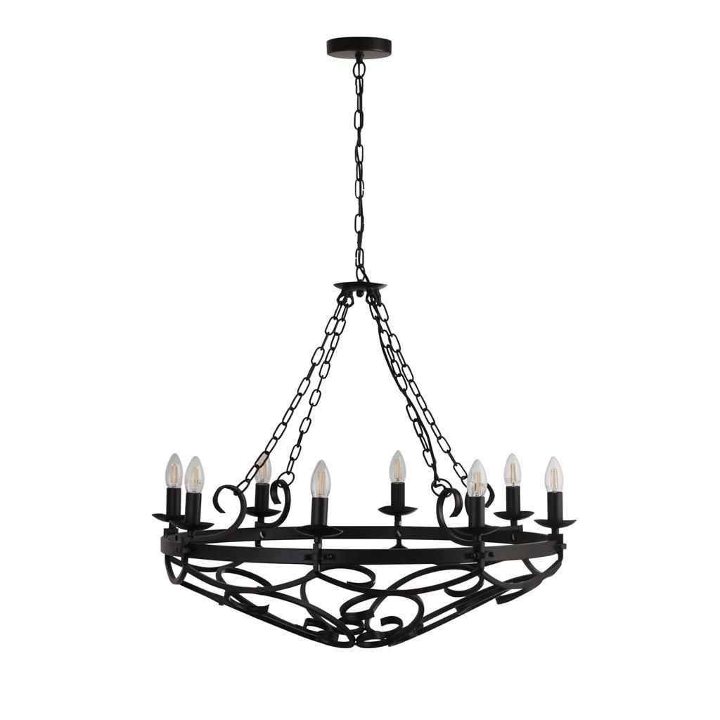 Cartwheel Ø80 Zwart hanglamp Van Searchlight - Cartwheel is een rustieke kroonluchter met acht kaarsenhouders in een klassieke kandelaarstijl in matzwart voor een moderne uitstraling.