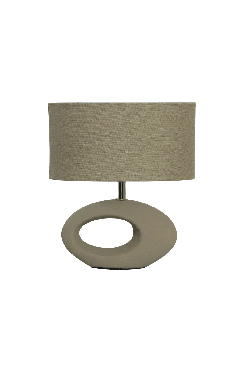 Olina 24cm Bruin tafellamp Van Aneta Lighting - De Olina tafellamp heeft een bruine keramische voet met een modern design en een ovale beige stoffen kap.