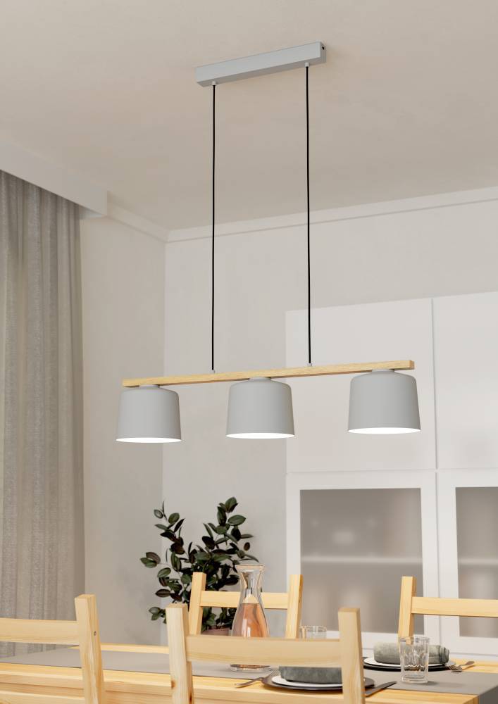 Mariel 90cm Grijs hanglamp Van Eglo - Het minimalistische ontwerp van hout en metaal zorgt ervoor dat het gemakkelijk te integreren is in zowel Scandinavische als moderne interieurs, terwijl het een vleugje natuur toevoegt.