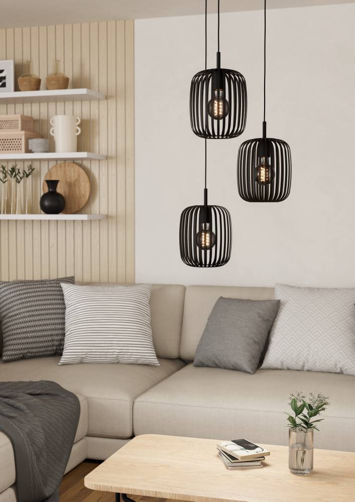 Romazzina Ø46 Zwart hanglamp Van Eglo - Deze stijlvolle hanglamp met drie verstelbare lichtbronnen in een modern design is de perfecte keuze voor wie de kamer een uniek karakter wil geven.