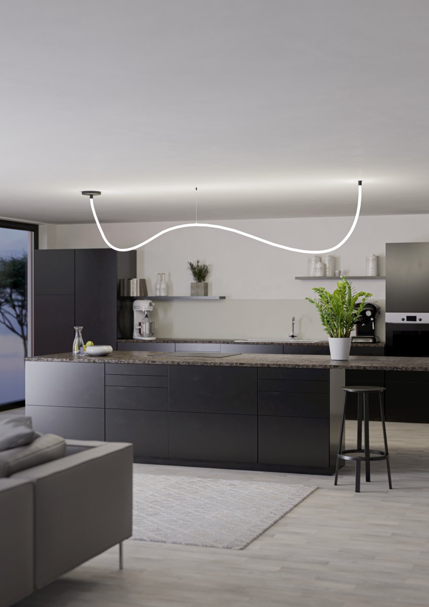 Glow 300cm Zwart hanglamp Van Eglo - De Glow plafondlamp is een flexibele verlichtingsoplossing met een 3 meter lange siliconen lichtbuis die in de gewenste vorm kan worden gebogen.