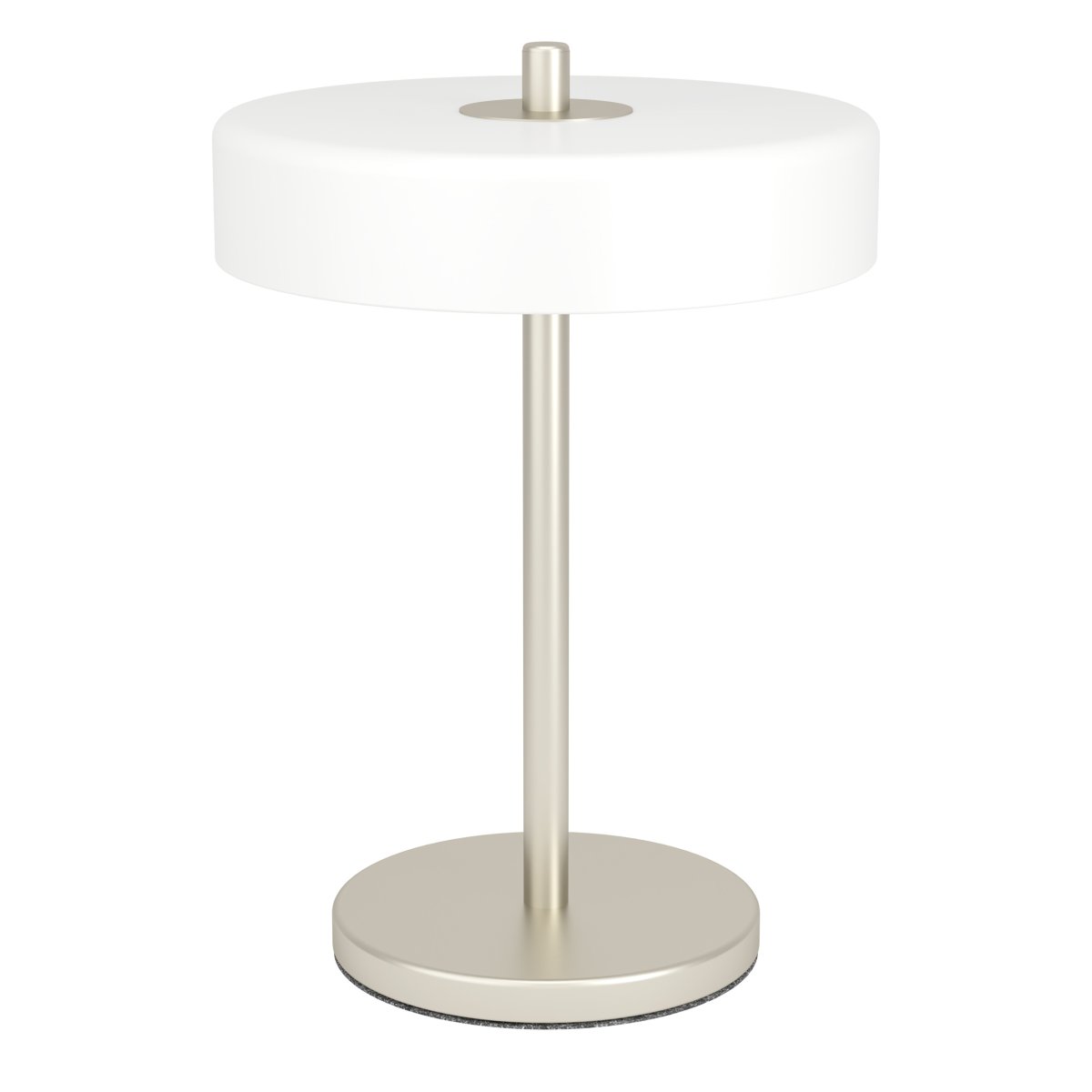 Salve 33cm Nikkel tafellamp Van Eglo - De Salve tafellamp heeft een metalen voet met een matte nikkelafwerking en een ronde kap van opaalglas, wat de lamp een zachte en aangename uitstraling geeft.
