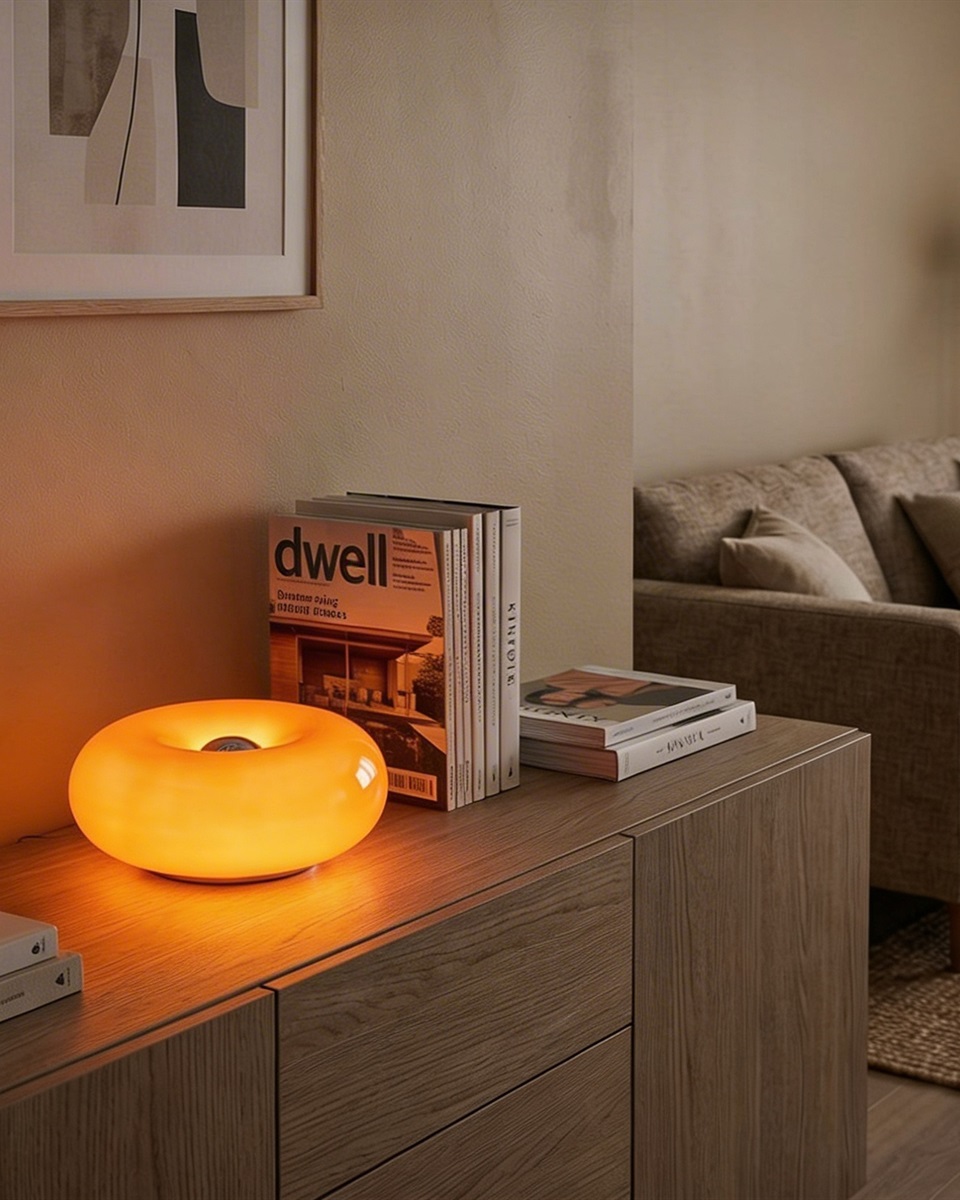 Basile 10cm Oranje tafellamp Van Eglo - De zilveren knop in het midden fungeert als aanraakschakelaar om de lamp aan en uit te zetten.