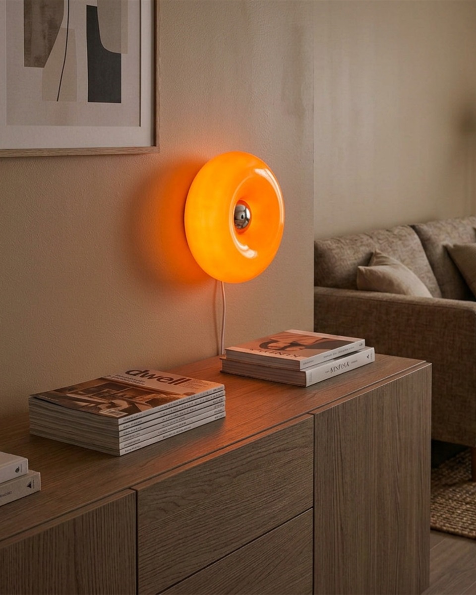Basile 10cm Oranje tafellamp Van Eglo - De zilveren knop in het midden fungeert als aanraakschakelaar om de lamp aan en uit te zetten.
