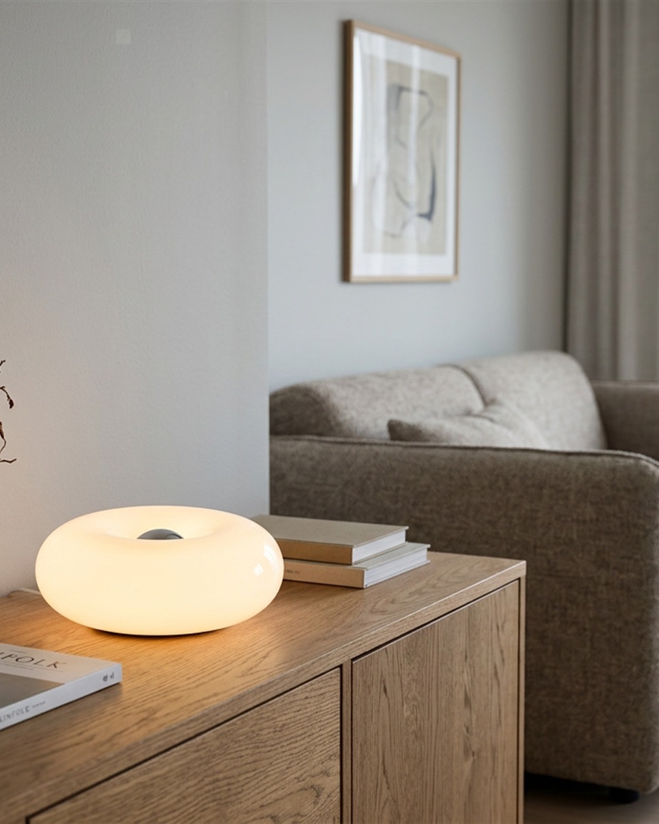 Basile 10cm Wit tafellamp Van Eglo - Basile is een decoratieve lamp van wit glas met zilveren details en een ronde, zachte vorm.