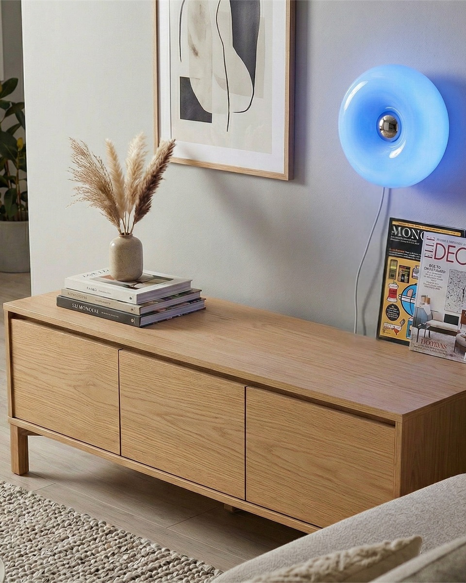 Basile 10cm Blauw tafellamp Van Eglo - De zilveren knop in het midden fungeert als aanraakschakelaar om de lamp aan en uit te zetten.