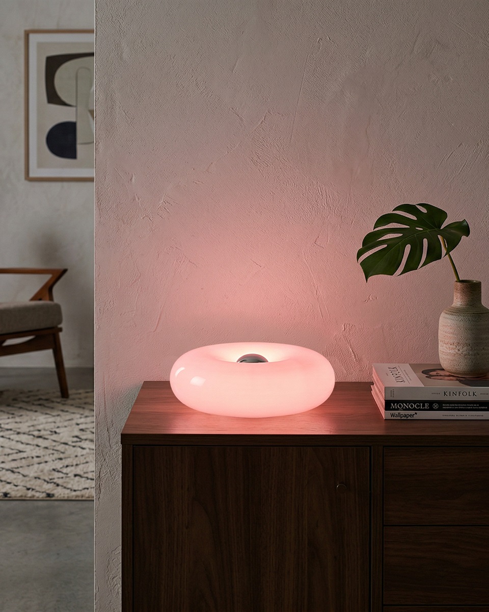 Basile 10cm Paars tafellamp Van Eglo - De zilveren knop in het midden fungeert als aanraakschakelaar om de lamp aan en uit te zetten.