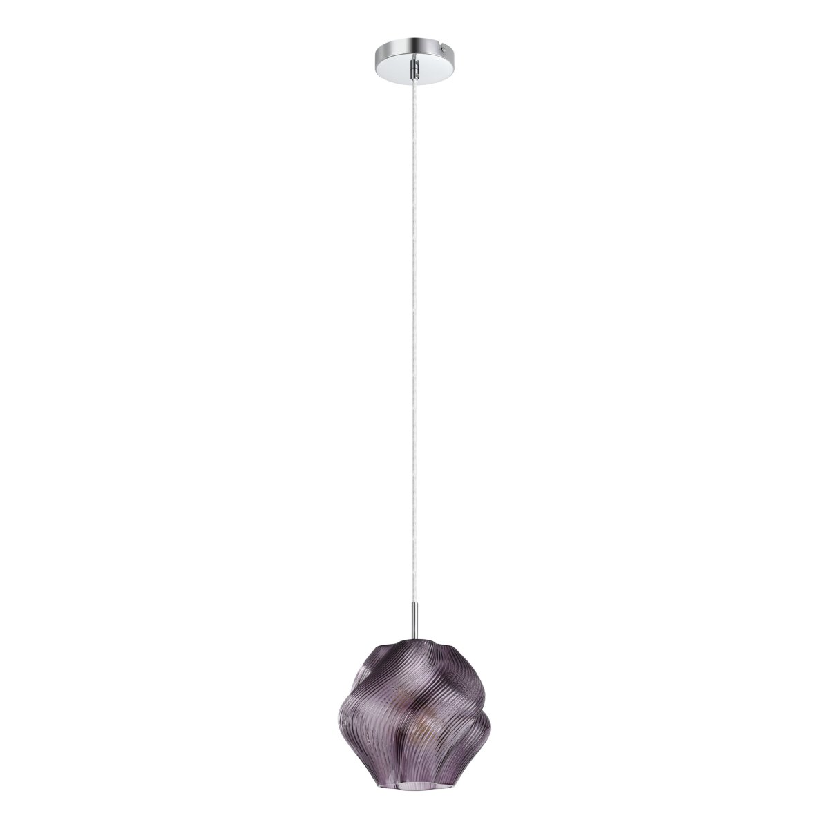 Vicenne Ø22 Paars hanglamp Van Eglo - De glazen kap heeft een golvende vorm met een ribbelpatroon, wat zorgt voor een effectieve uitstraling en de lamp karakter geeft, zowel aan als uit.